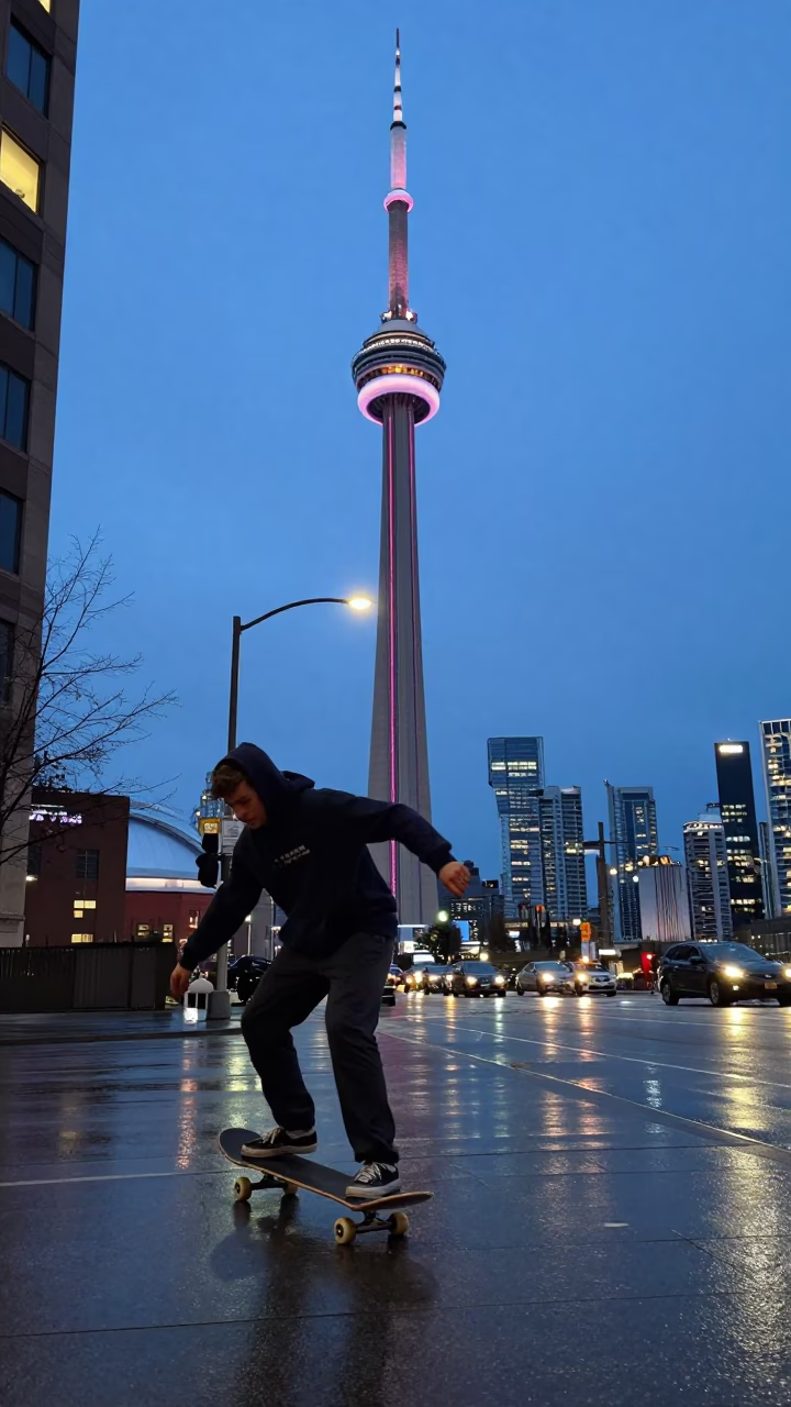 Toronto Street Skateboarder at Twilight Near CN Tower and City Skyline in in Toronto, Ontario, Canada