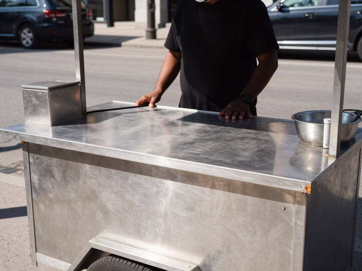 Toronto Street Vendor Cart with Brushed Steel Countertop and Ceramic Plates Under Noon Sun in in Toronto, Ontario, Canada