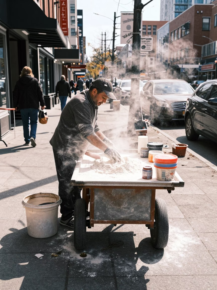 Toronto street vendor midmorning with flour dust and scrap basket in in Toronto, Ontario, Canada