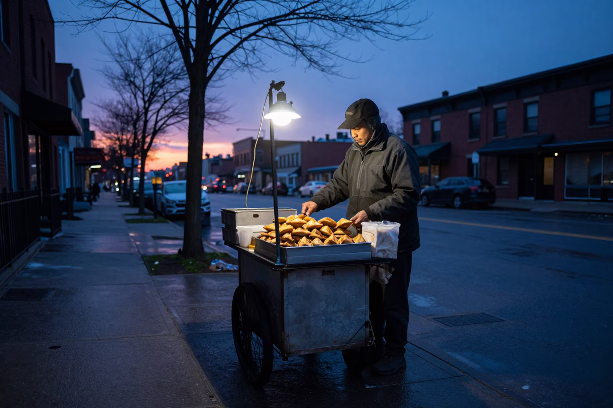 Toronto street vendor selling hot samosas on a quiet pre-dawn corner before sunrise in in Toronto, Ontario, Canada