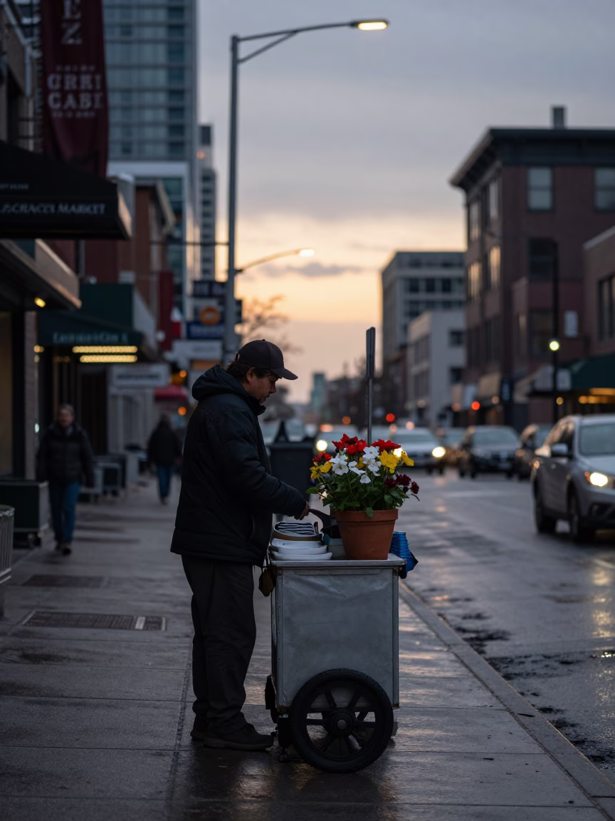 Toronto Street Vendor Stall at Dawn with Flowerpot and Basket Before City Wakes Up in in Toronto, Ontario, Canada