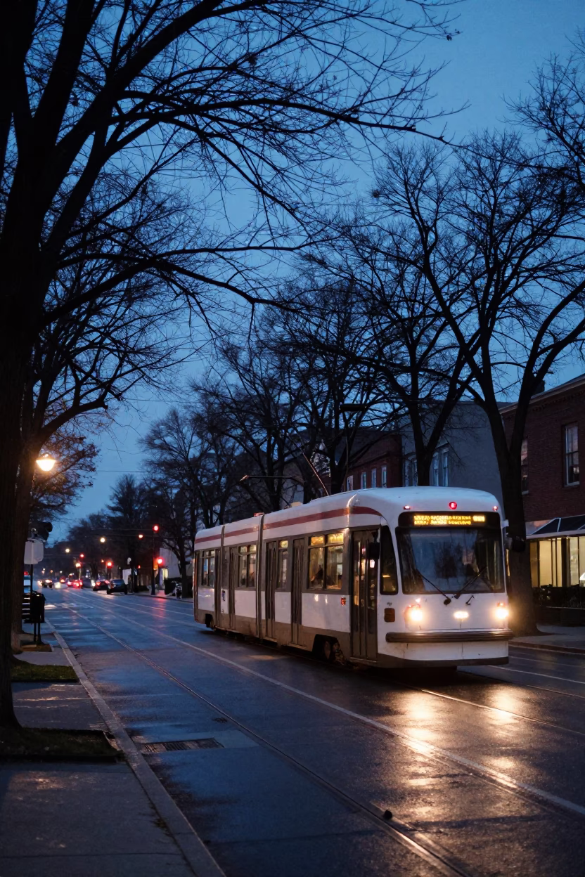 Toronto Streetcar at Indigo Twilight Along Tree-Lined Avenue with Urban Reflections in in Toronto, Ontario, Canada