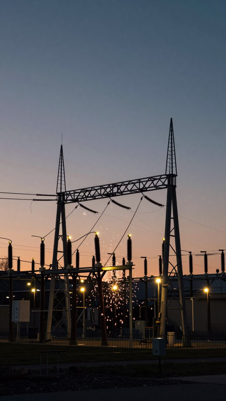Toronto Substation Insulators Sparkling Under Pre-Dawn Floodlights Before Dawn in in Toronto, Ontario, Canada