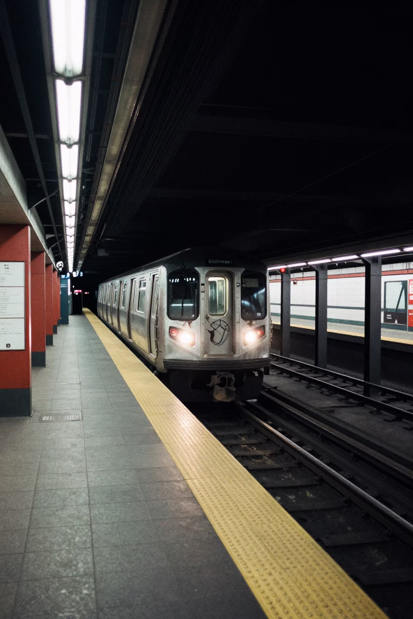 Toronto Subway Station at Night with Metro Train and Art Adorned Walls in in Toronto, Ontario, Canada