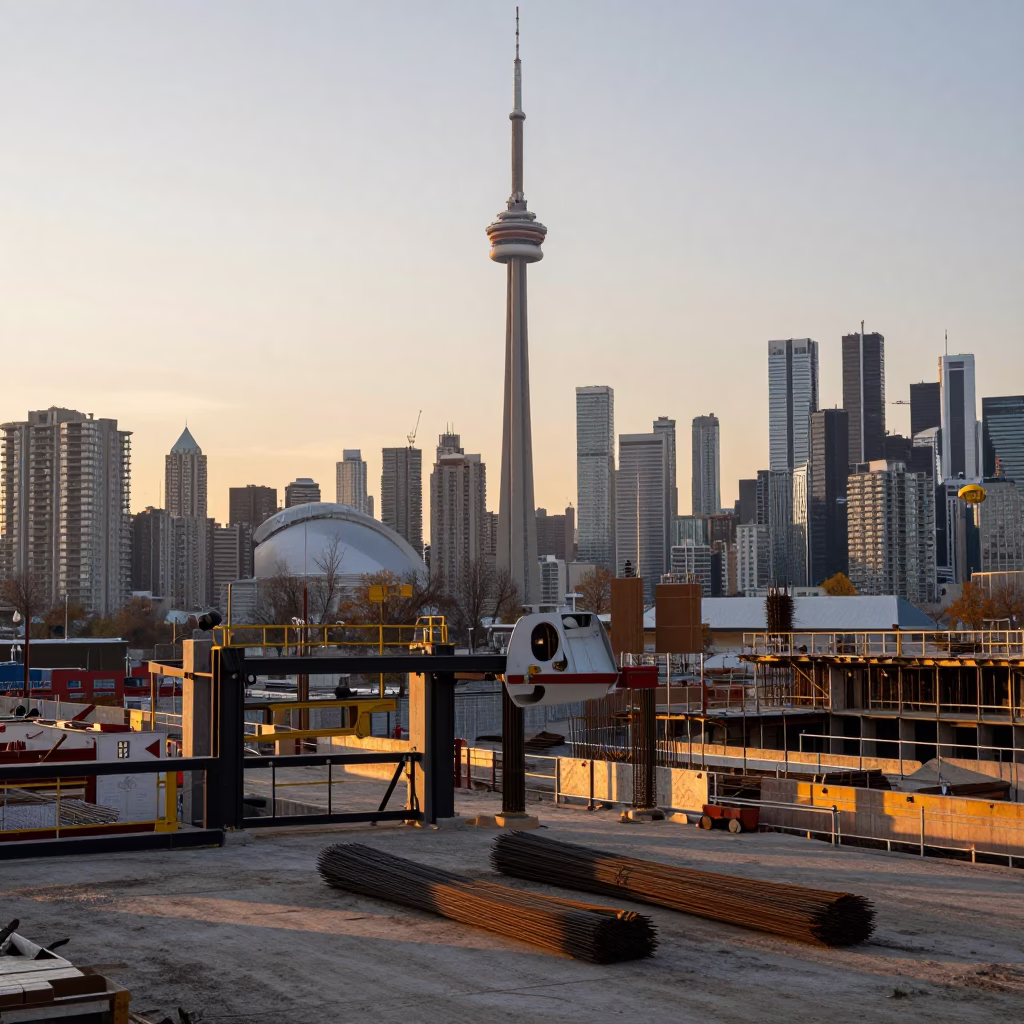 Toronto Sunrise Cityscape with Construction Site and Greater Swiss Mountain Dog in in Toronto, Ontario, Canada