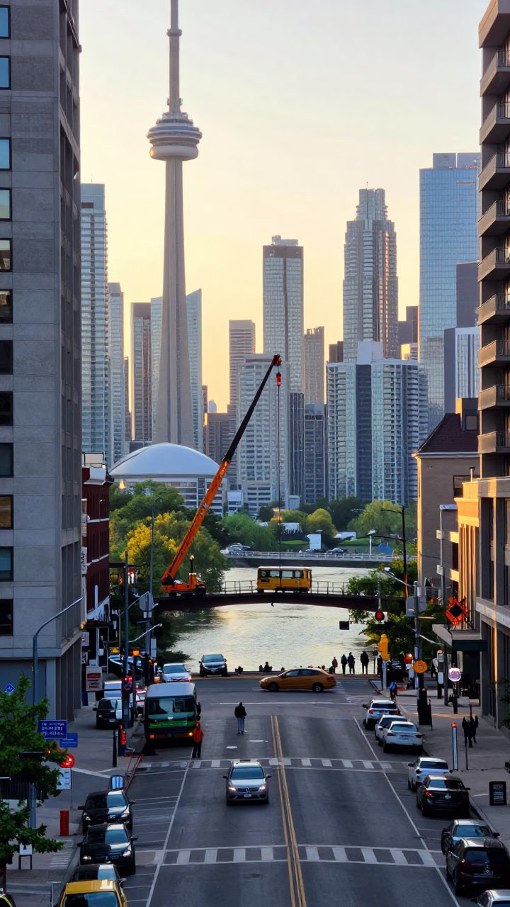Toronto Sunrise Street Scene with Bridge Maintenance and Urban Life in in Toronto, Ontario, Canada