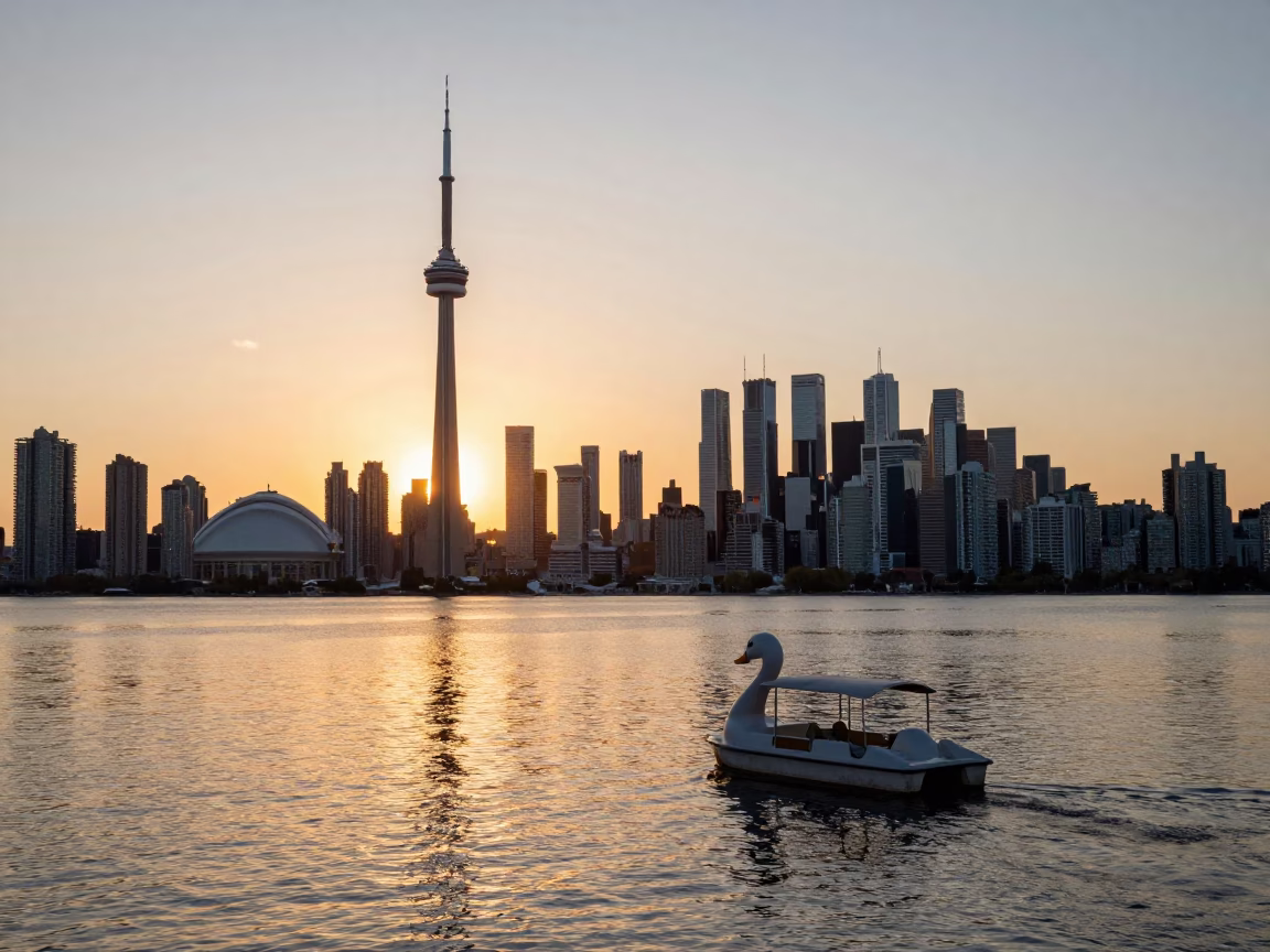 Toronto Sunset Skyline View from High Park Lake with Pedal Boat and Park Bench in in Toronto, Ontario, Canada