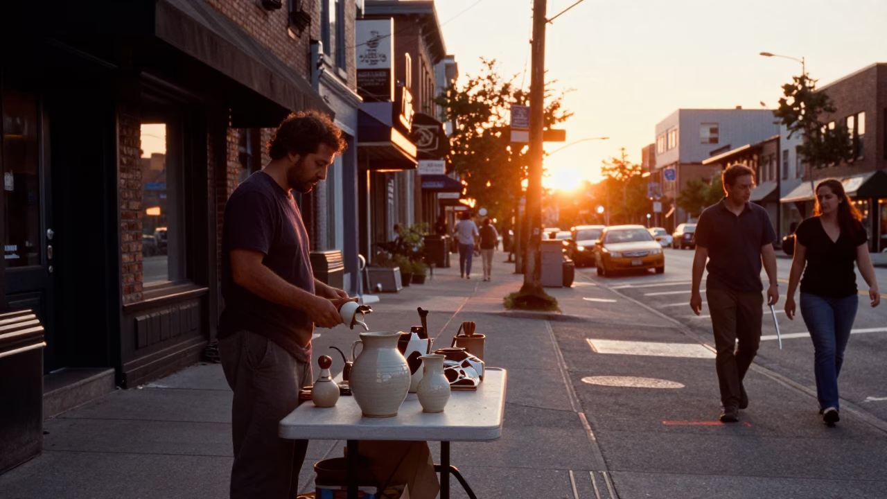 Toronto Sunset Street Scene with Ceramic Pitcher and Urban Details in in Toronto, Ontario, Canada