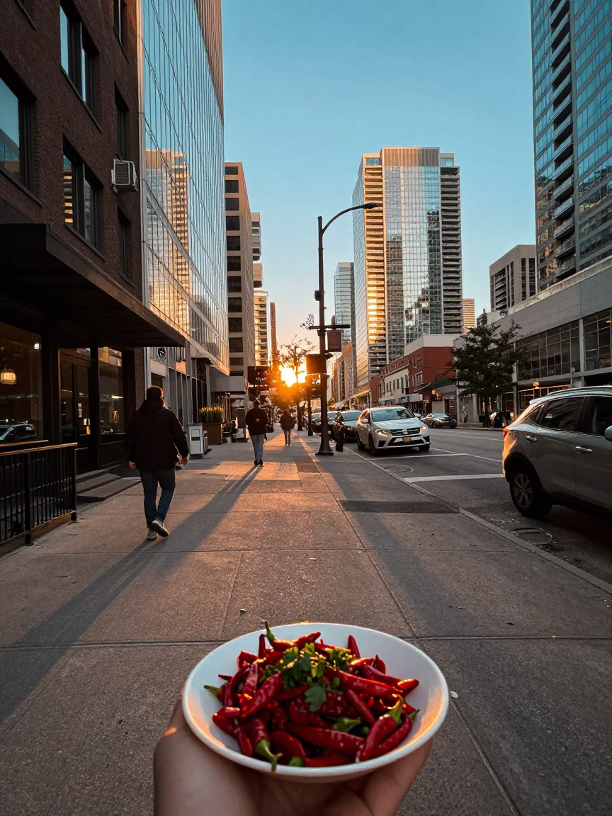 Toronto Sunset Street Scene with Chili Peppers and Dish Towel in in Toronto, Ontario, Canada
