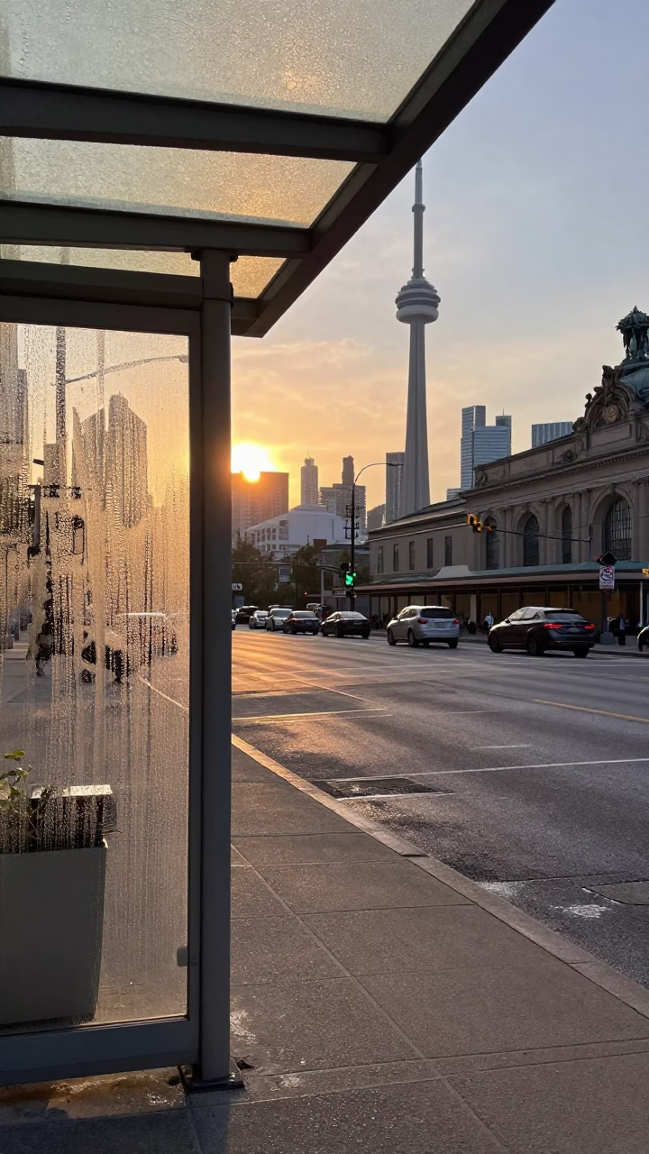 Toronto Sunset Street Scene with Condensation and Local Details in in Toronto, Ontario, Canada