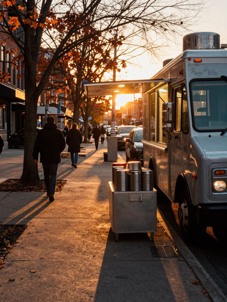 Toronto Sunset Street Scene with Food Vendors and Urban Pedestrians in in Toronto, Ontario, Canada