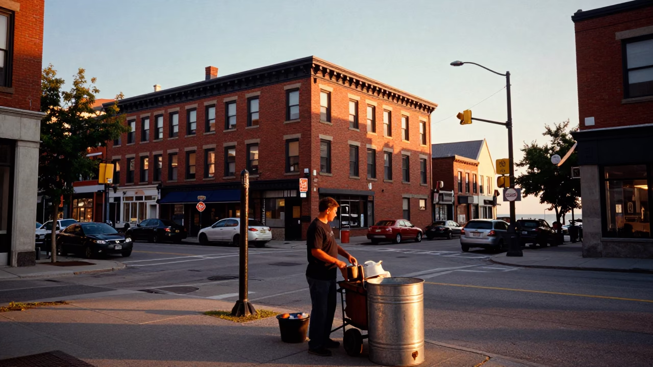 Toronto Sunset Street Scene with Metal Bucket and Urban Life in in Toronto, Ontario, Canada