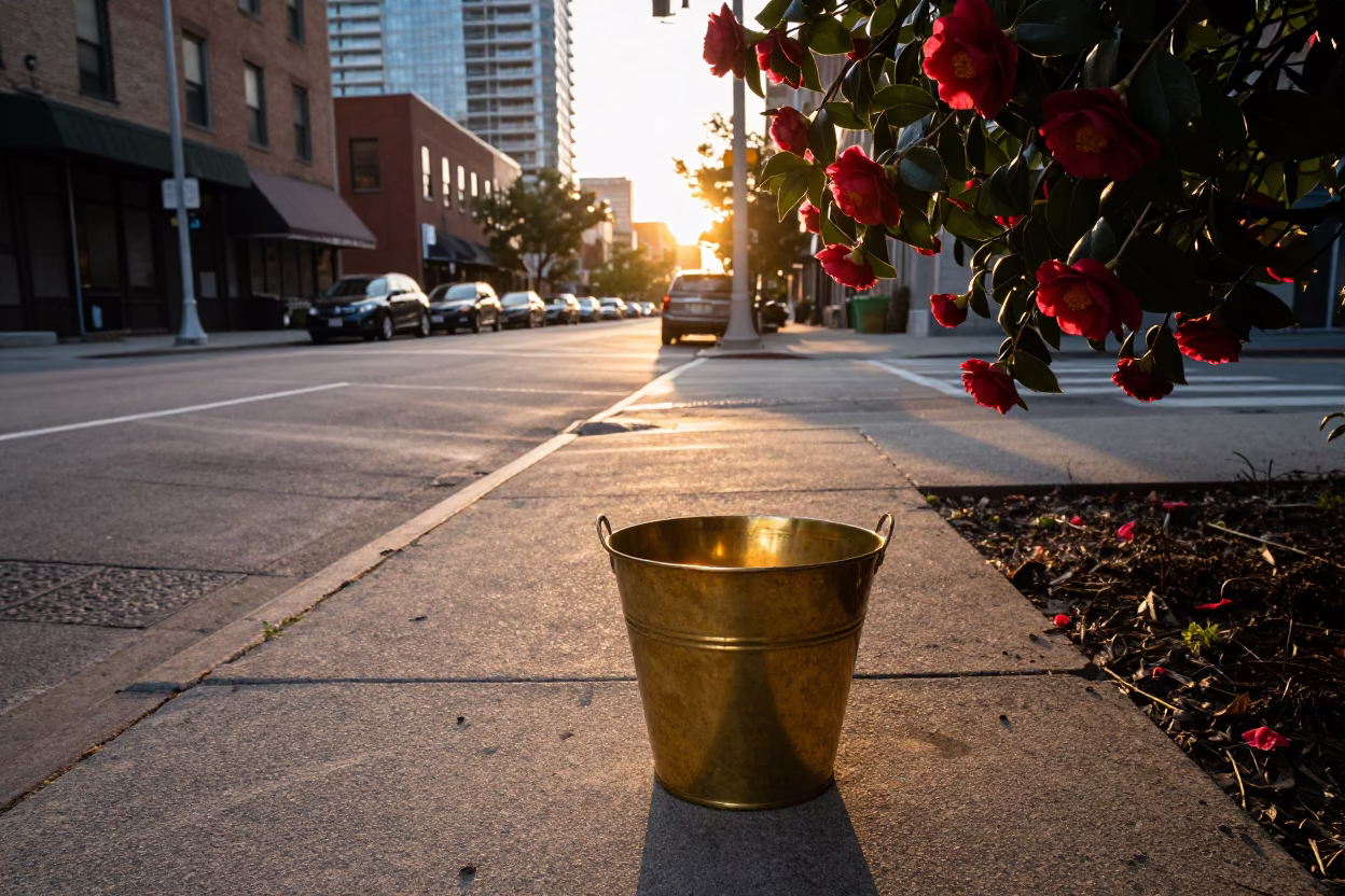 Toronto Sunset Street Scene with Red Camellia and Brass Bucket Near CN Tower in in Toronto, Ontario, Canada
