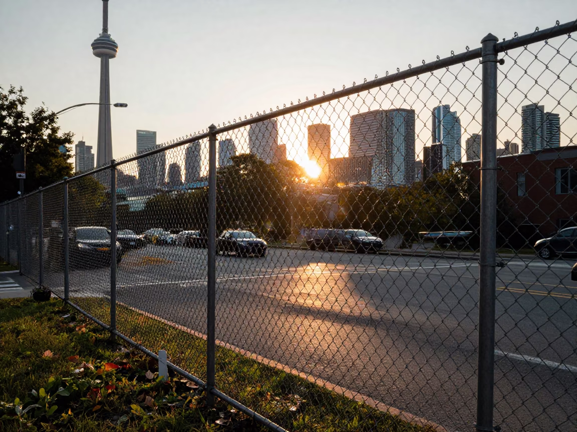Toronto Sunset Street Scene with Substation Fence and Warning Placards in in Toronto, Ontario, Canada