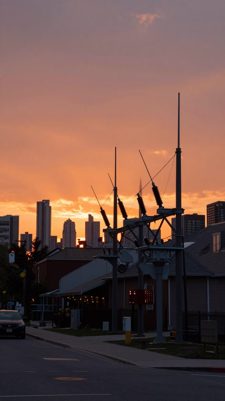 Toronto Sunset Street Scene with Substation Insulators Sparkling in Evening Light in in Toronto, Ontario, Canada