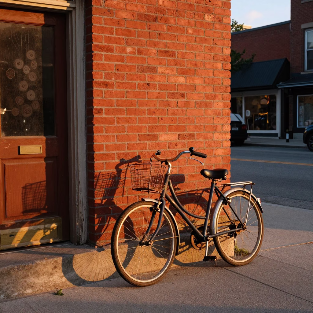 Toronto Sunset Street Scene with Vintage Bicycle and Local Storefronts in in Toronto, Ontario, Canada