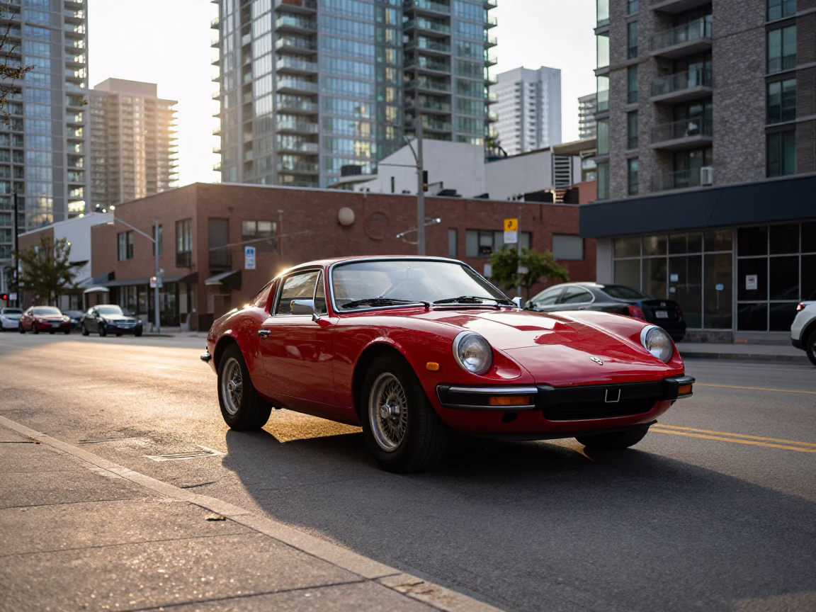 Toronto Sunset Street Scene with Vintage Red Sports Car and Urban Architecture in in Toronto, Ontario, Canada
