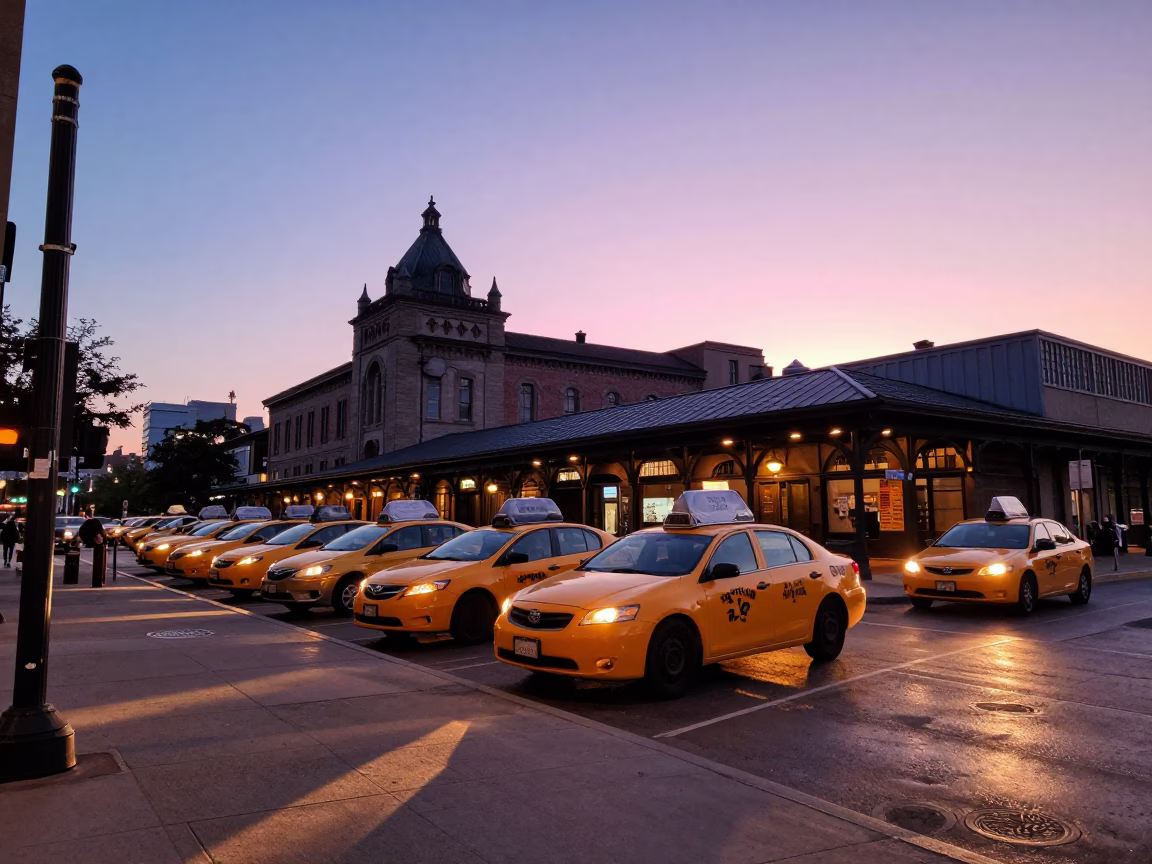 Toronto Sunset Street Scene with Yellow Cabs and Historic Architecture in in Toronto, Ontario, Canada