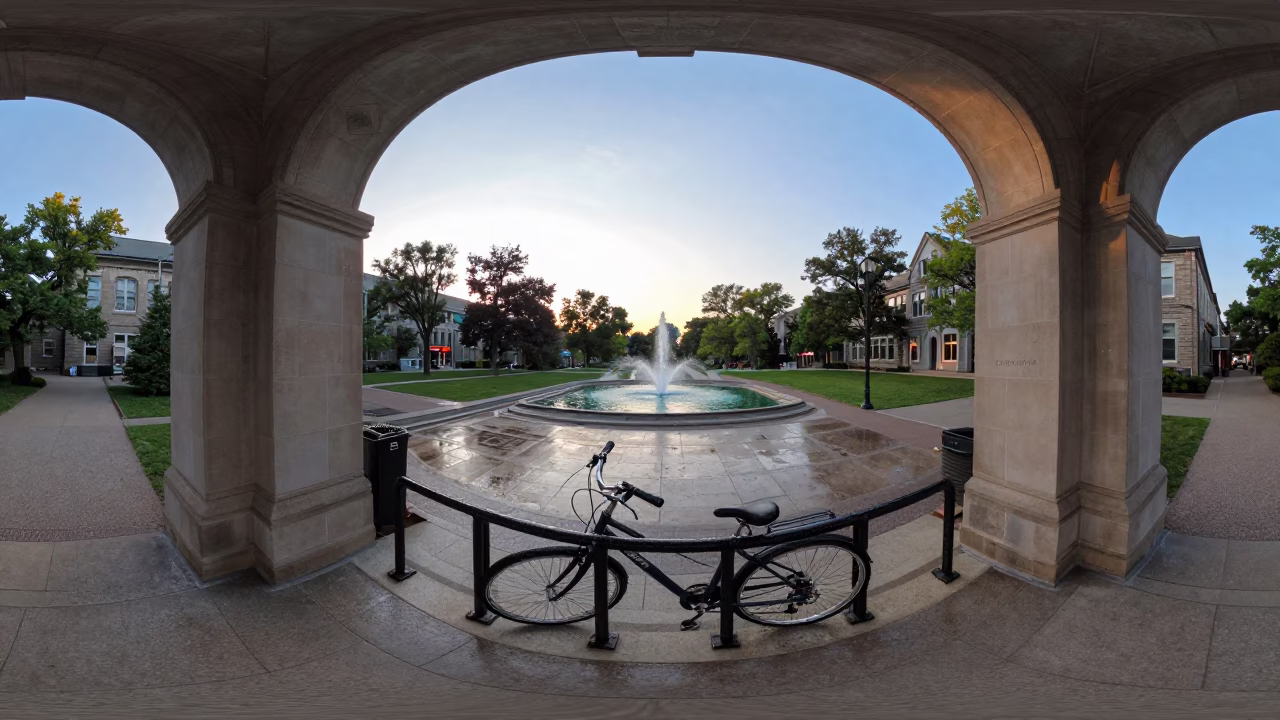 Toronto Sunset University Archway Framing Wet Bicycle Rack During Graduation Week Maintenance in in Toronto, Ontario, Canada