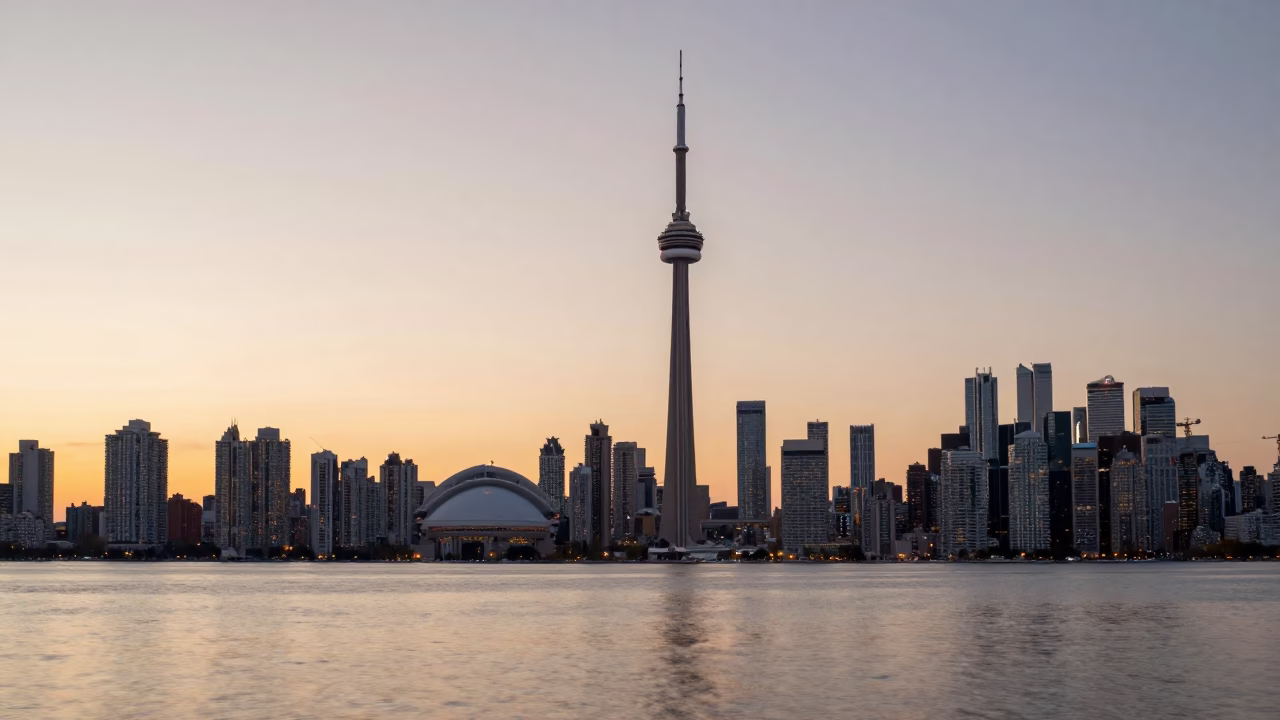 Toronto Sunset View of CN Tower and Lake Ontario Waterfront Promenade in in Toronto, Ontario, Canada