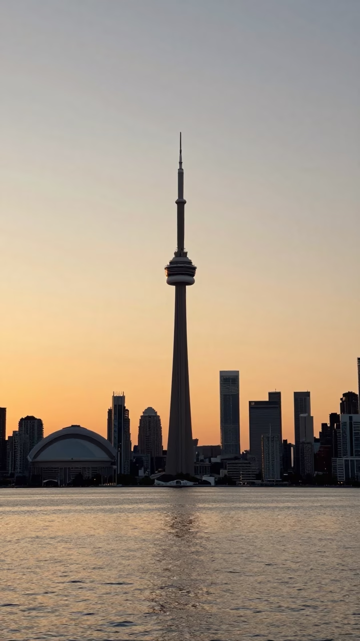 Toronto Sunset View of CN Tower and Lake Ontario Waterfront Skyline in in Toronto, Ontario, Canada