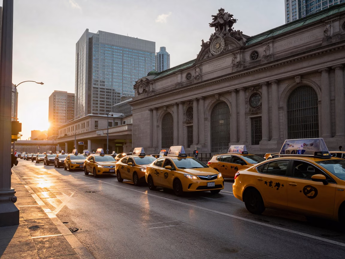 Toronto Taxi Rank at Twilight Outside Union Station with Vintage Cars and City Lights in in Toronto, Ontario, Canada