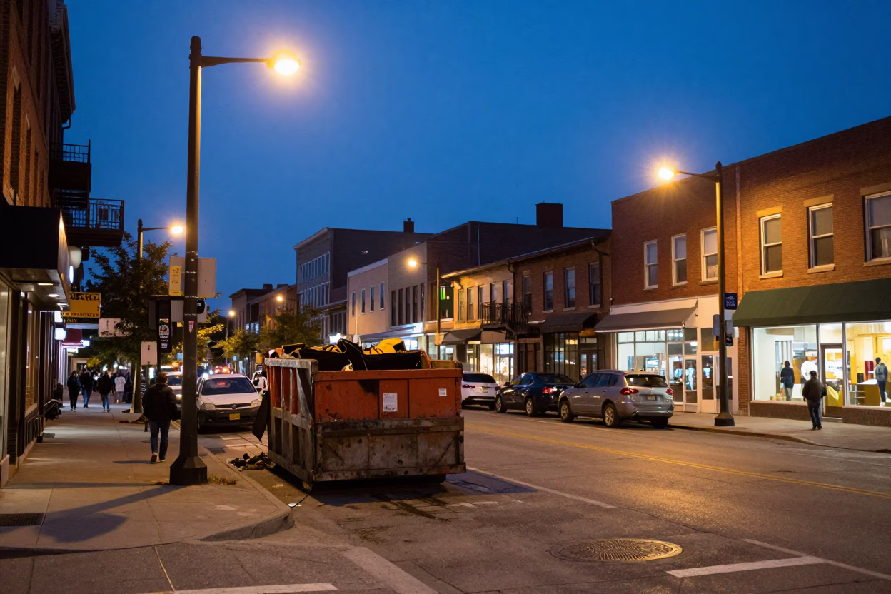 Toronto Twilight Street Scene with Demolition Dumpster and Storefront Facade in in Toronto, Ontario, Canada