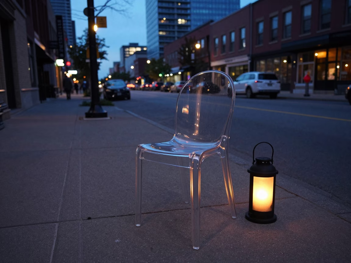 Toronto Twilight Street Scene with Glass Chair and Lantern Near CN Tower in in Toronto, Ontario, Canada