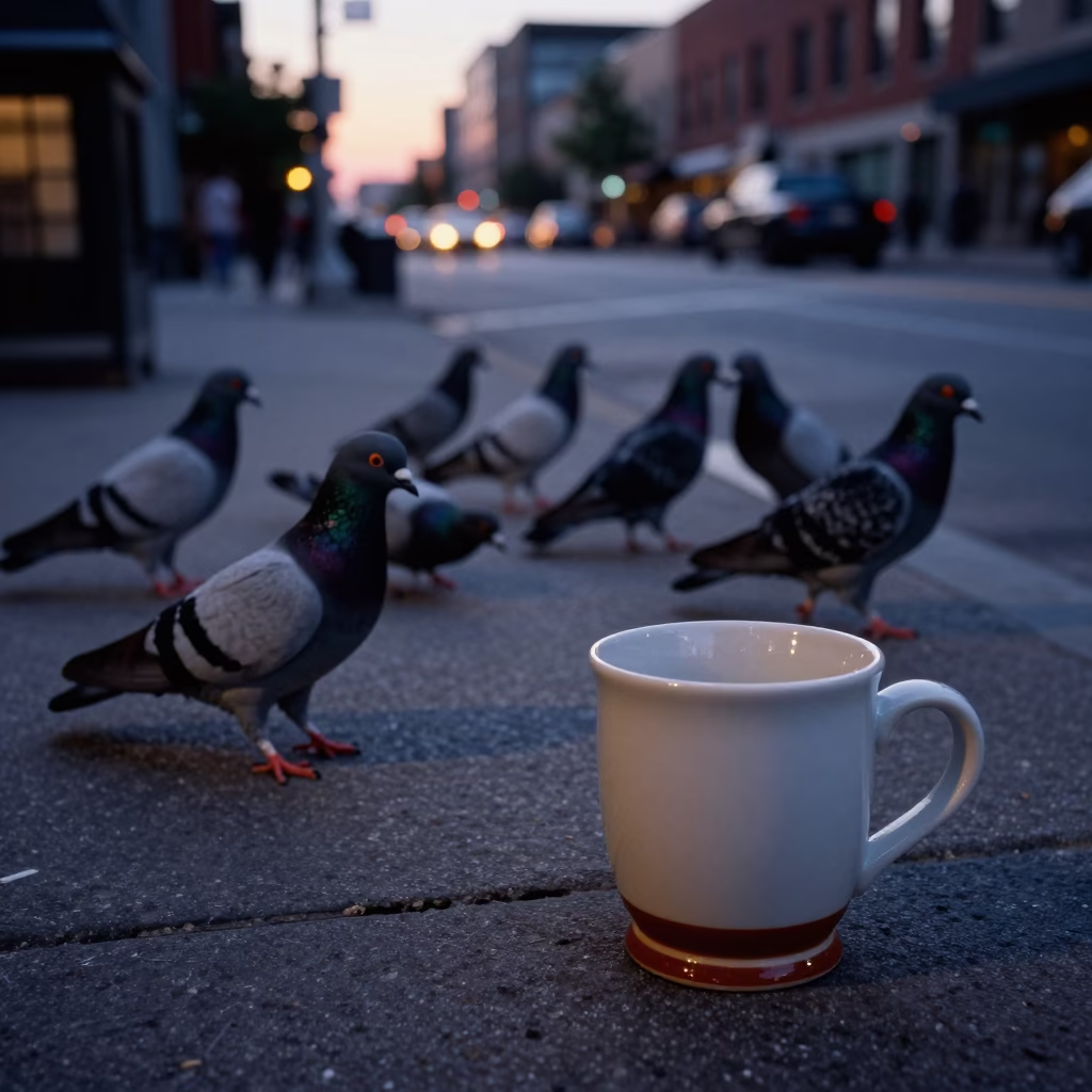 Toronto Twilight Street Scene with Pigeons and Ceramic Mugs in in Toronto, Ontario, Canada