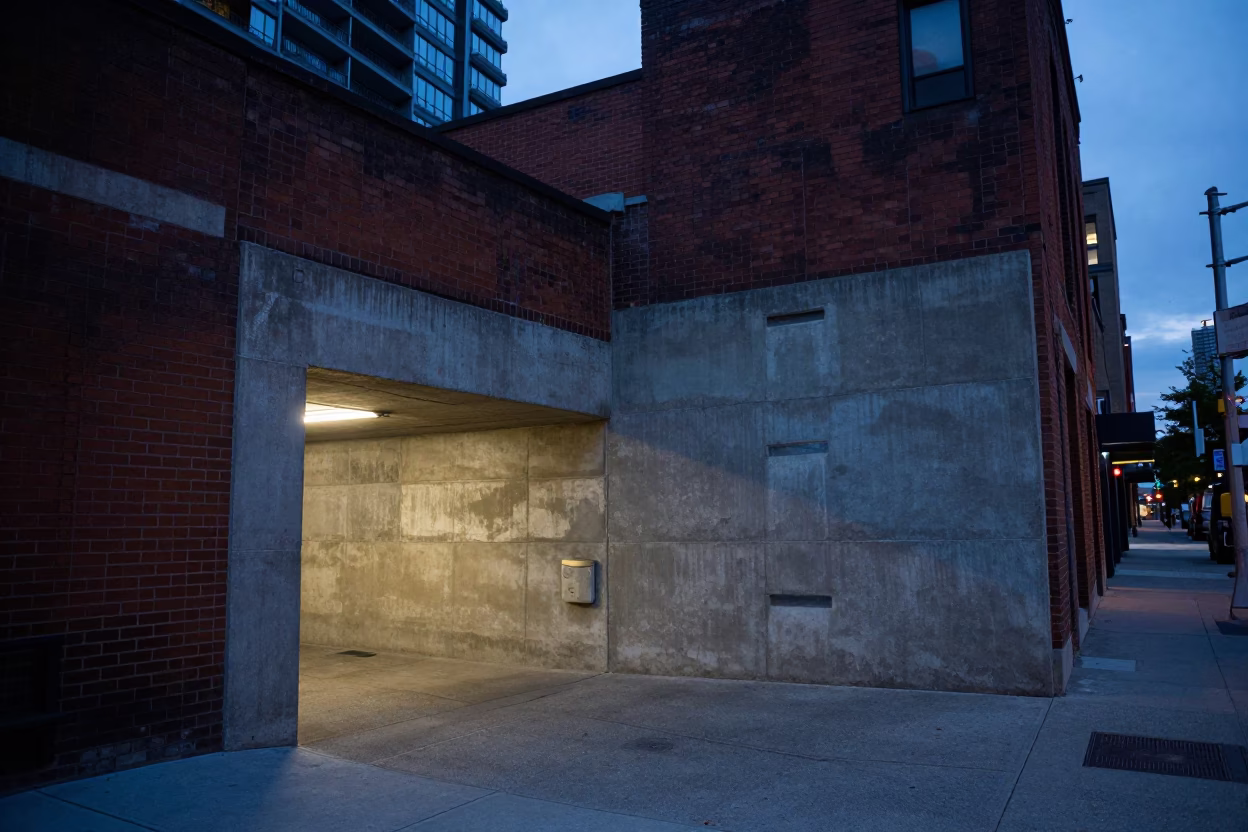 Toronto Twilight Street Scene with Tunnel Retaining Wall and Urban Infrastructure in in Toronto, Ontario, Canada