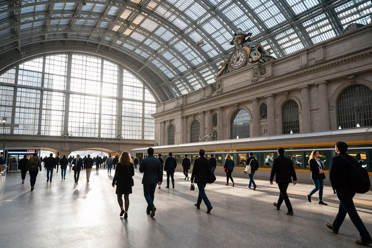 Toronto Union Station Morning Rush with Glass Steel Architecture and Commuters in in Toronto, Ontario, Canada