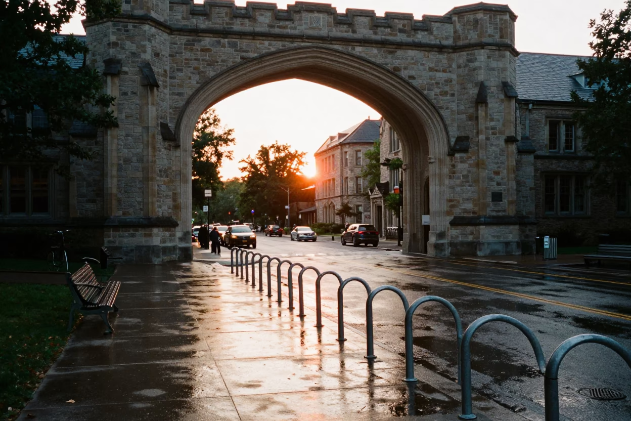 Toronto University Archway Framing Wet Bicycle Rack at Sunset in Ontario Canada in in Toronto, Ontario, Canada