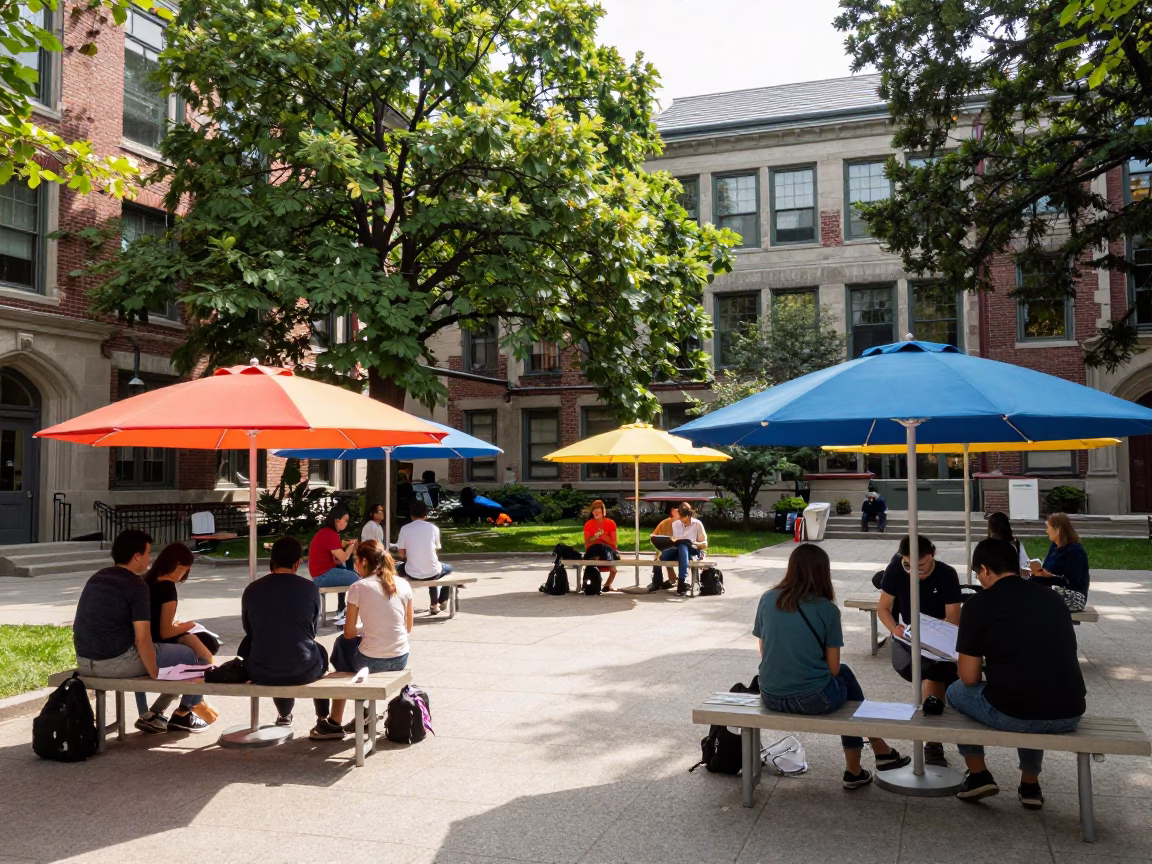 Toronto University Courtyard Umbrellas Seminar Blocks Early Afternoon in in Toronto, Ontario, Canada