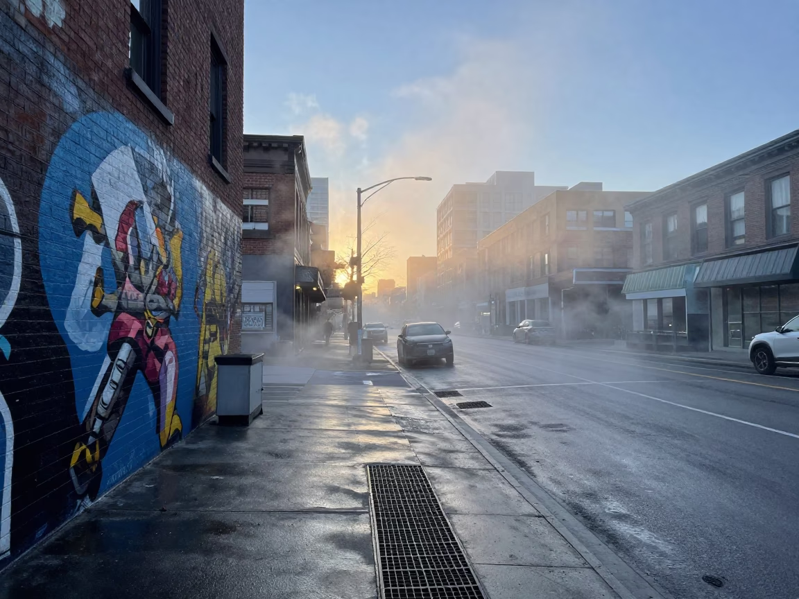 Toronto Urban Morning Steam Haze Before Sunrise with Muralist on Scaffold in in Toronto, Ontario, Canada
