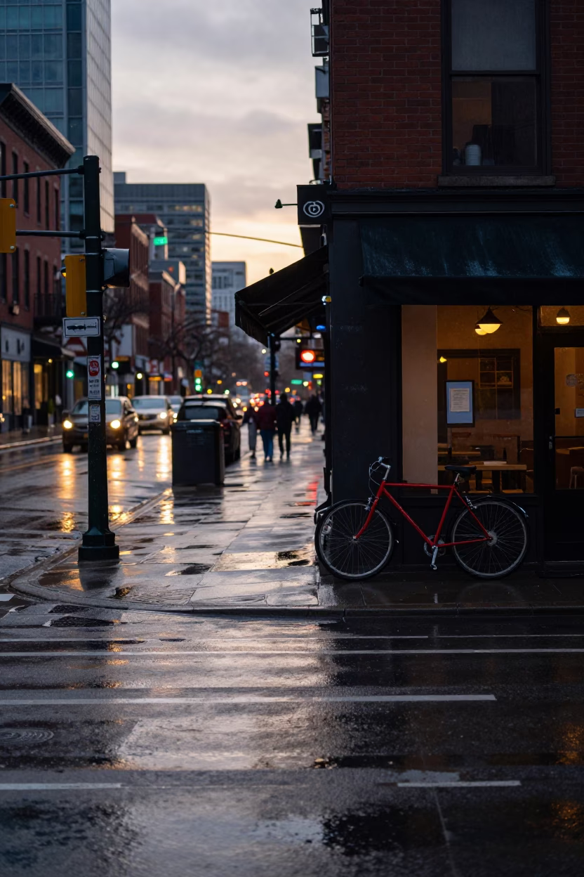 Toronto Urban Street Scene at Dawn with Wet Pavement and Bicycle in in Toronto, Ontario, Canada