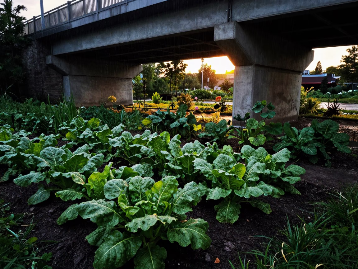 Toronto Viaduct Shadow and Allotment Gardens Evening Light Realistic Scene in in Toronto, Ontario, Canada