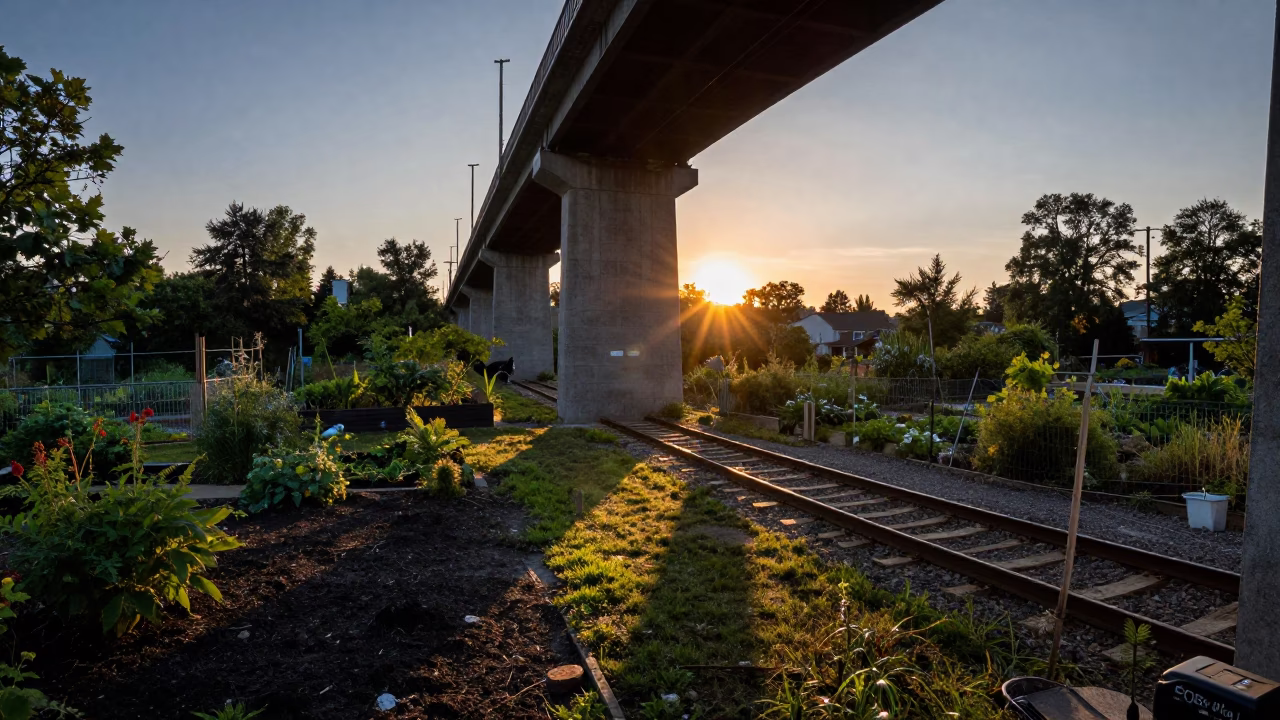 Toronto Viaduct Shadow Cutting Across Allotment Gardens After Rain at Sunset in in Toronto, Ontario, Canada