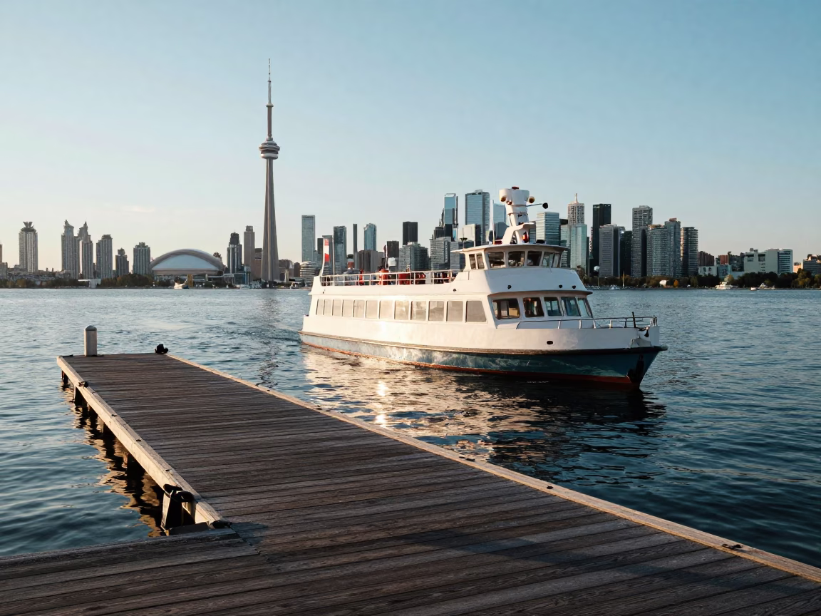 Toronto Waterfront Late Afternoon Light with Water Taxi and Floating Dock in in Toronto, Ontario, Canada