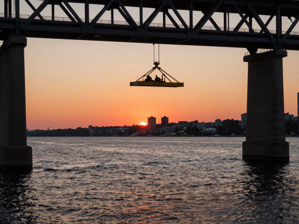 Toronto waterfront sunset scene with bridge maintenance cradle and urban skyline reflections in in Toronto, Ontario, Canada