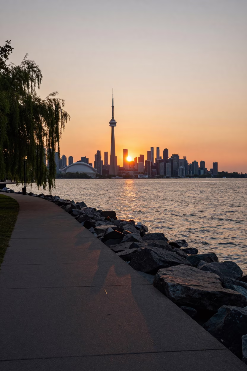 Toronto Waterfront Sunset View of Lake Ontario and City Skyline in in Toronto, Ontario, Canada