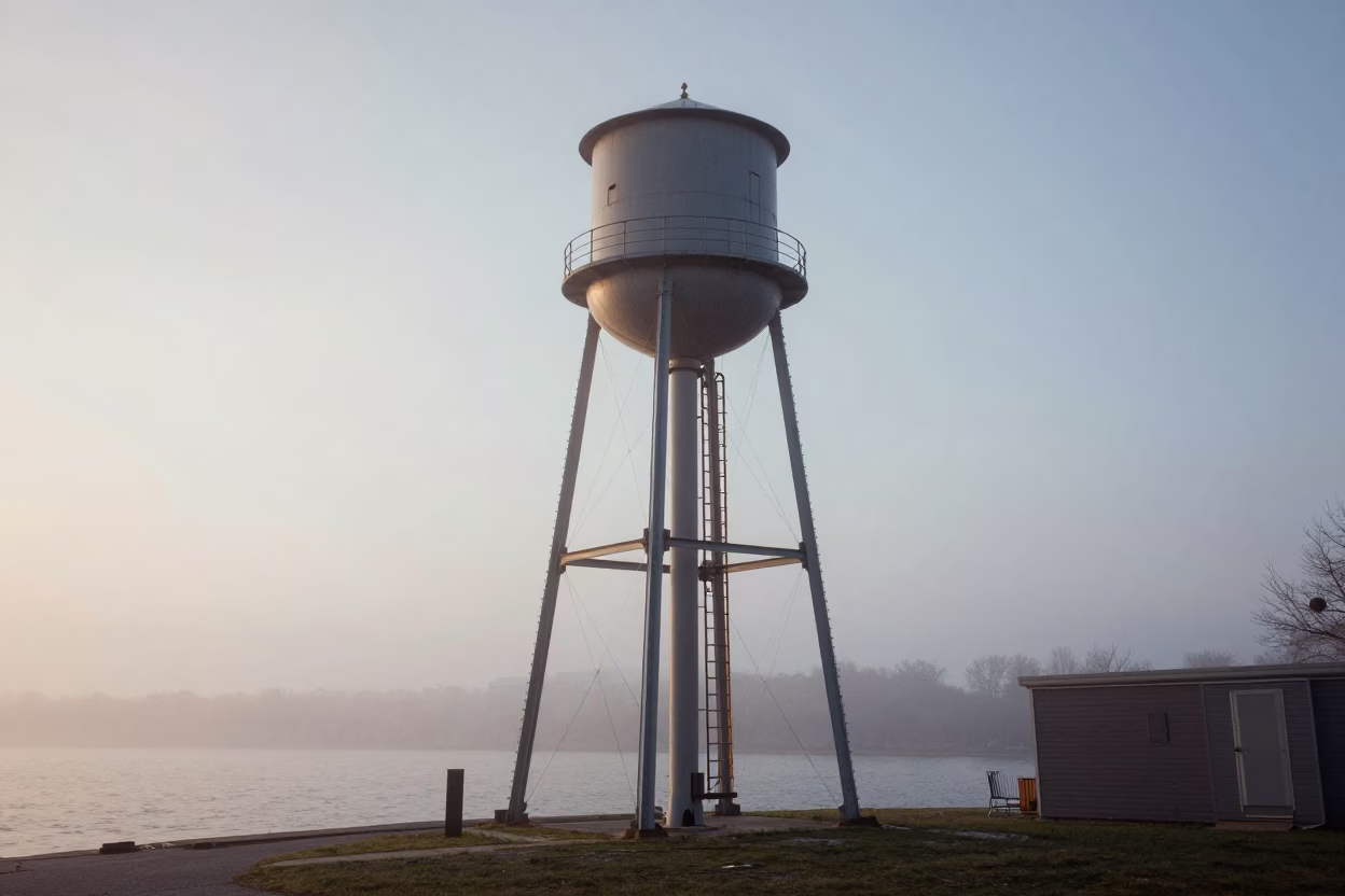Toronto Waterfront Water Tower Ladder in Pre-Dawn Mist Before Sunrise in in Toronto, Ontario, Canada