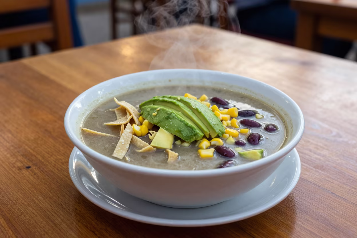 Tortilla Soup with Avocado in Khenifra Restaurant in on a restaurant table in Khenifra