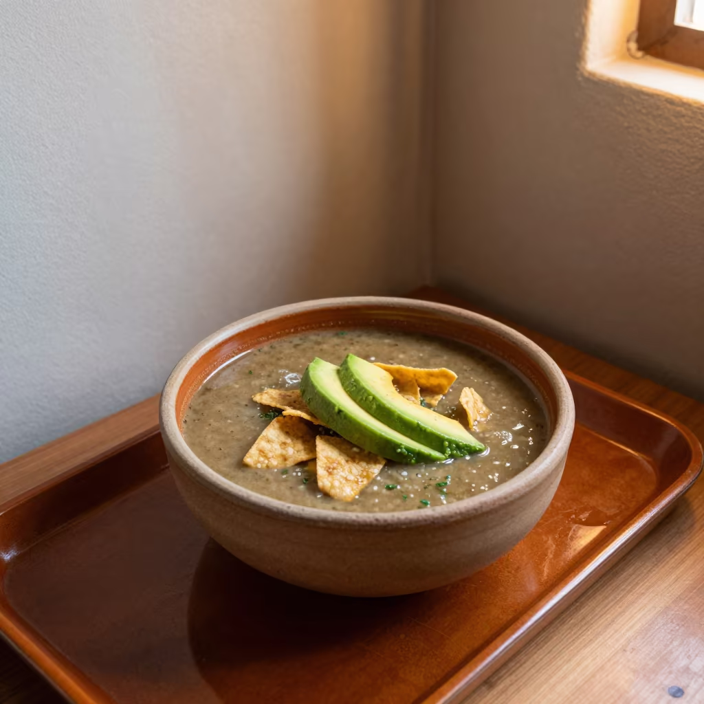 Tortilla Soup Bowl with Avocado on Lacquered Tray in on a lacquered tray in Nellore