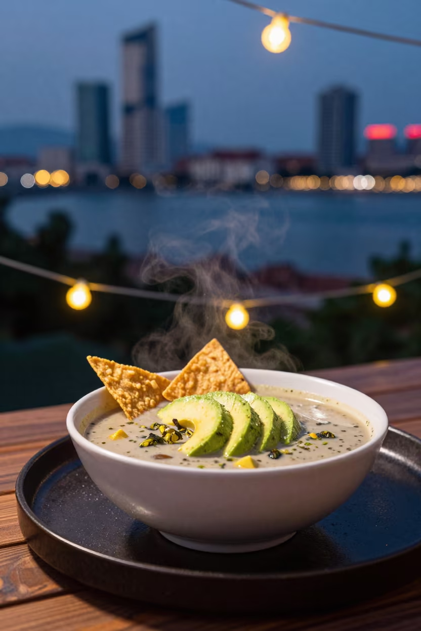 Tortilla Soup and Avocado on Lacquered Tray in on a lacquered tray in Qingdao