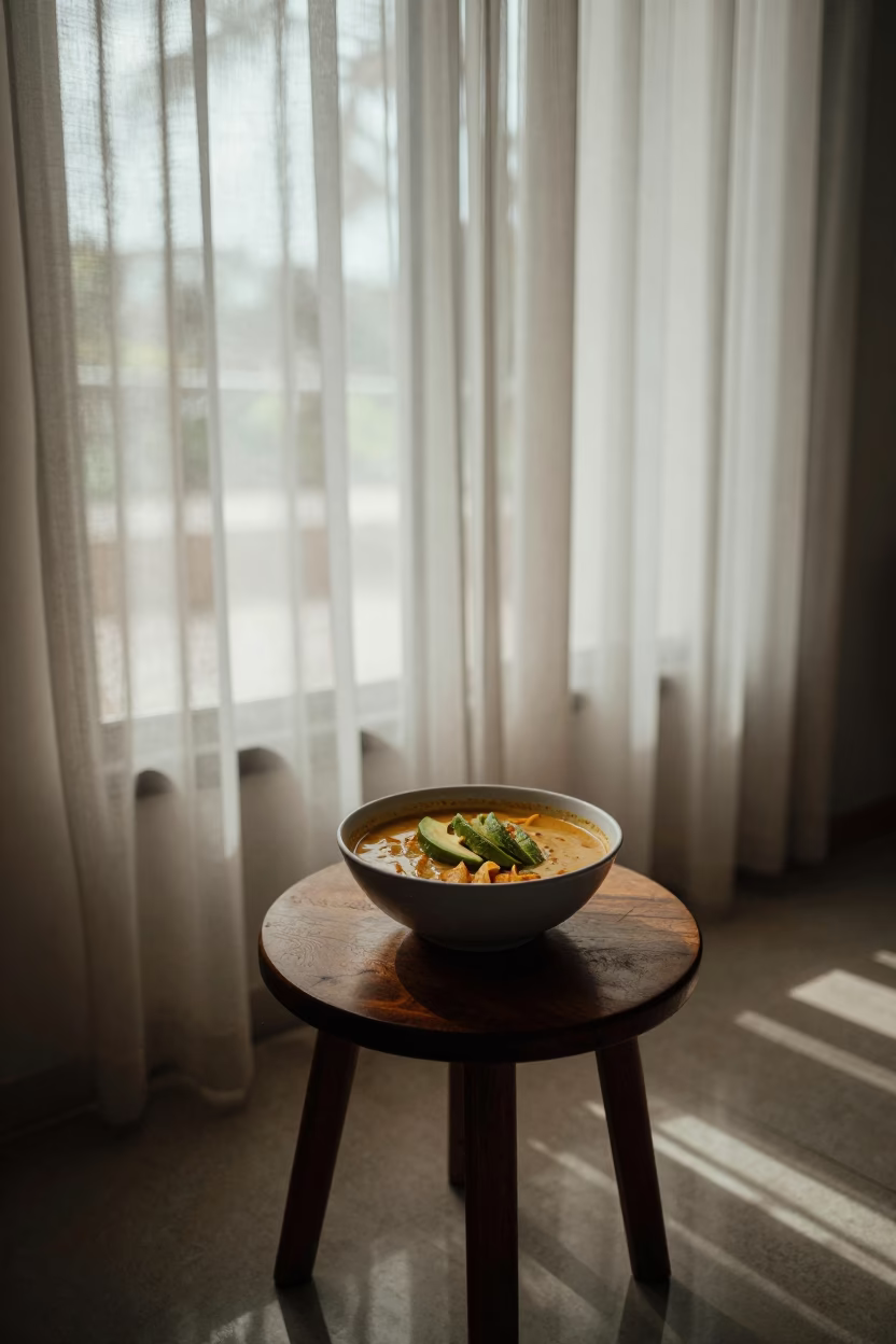 Tortilla Soup and Avocado in Recife Window Light in on a small dining table by a window in Recife