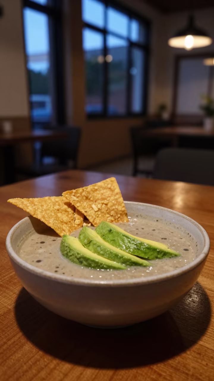 Tortilla Soup Bowl with Avocado in Franceville Evening Light in on a small dining table by a window in Franceville