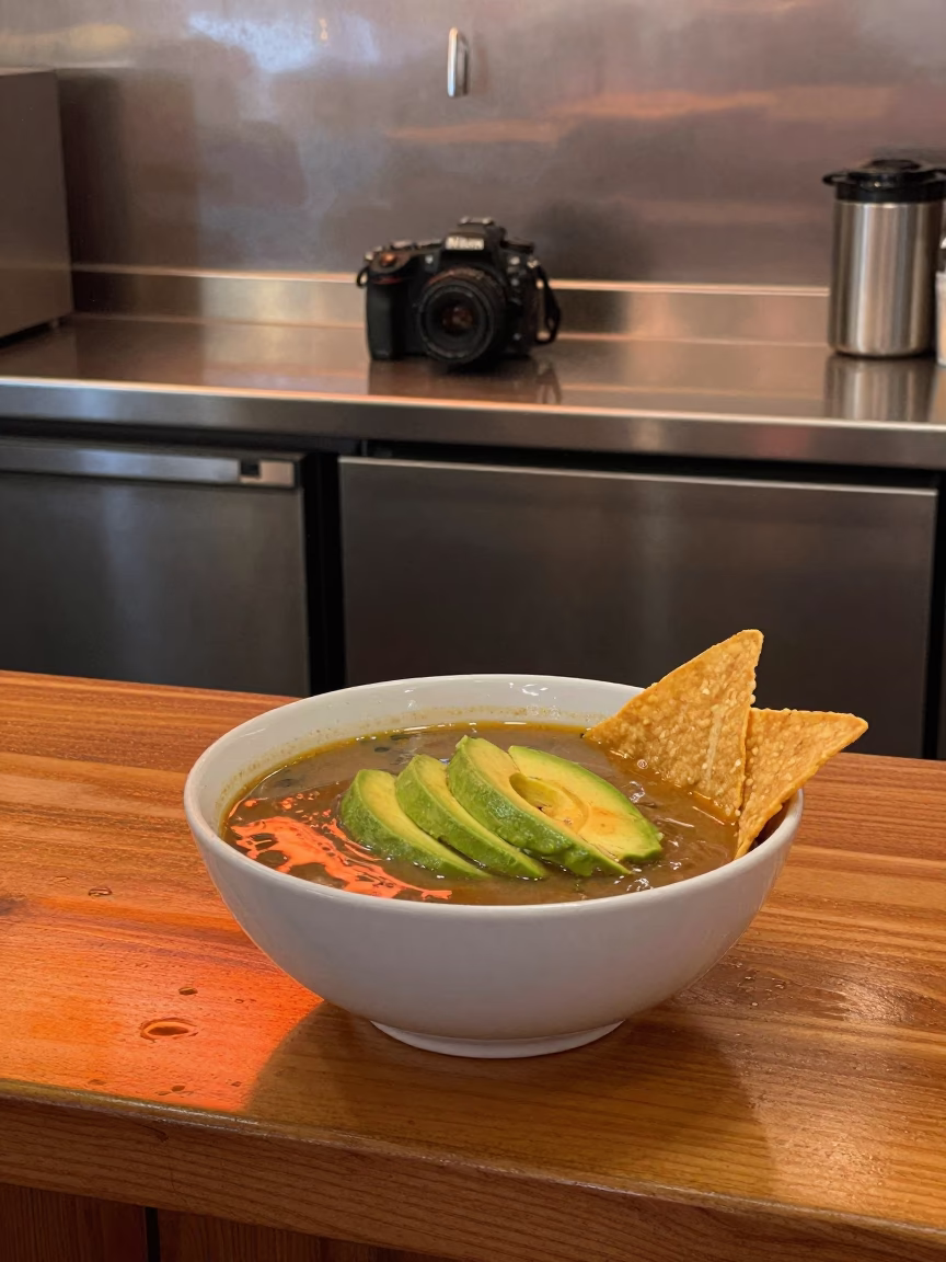 Tortilla Soup Bowl with Avocado on Noodle Counter in at a noodle counter in Qingdao