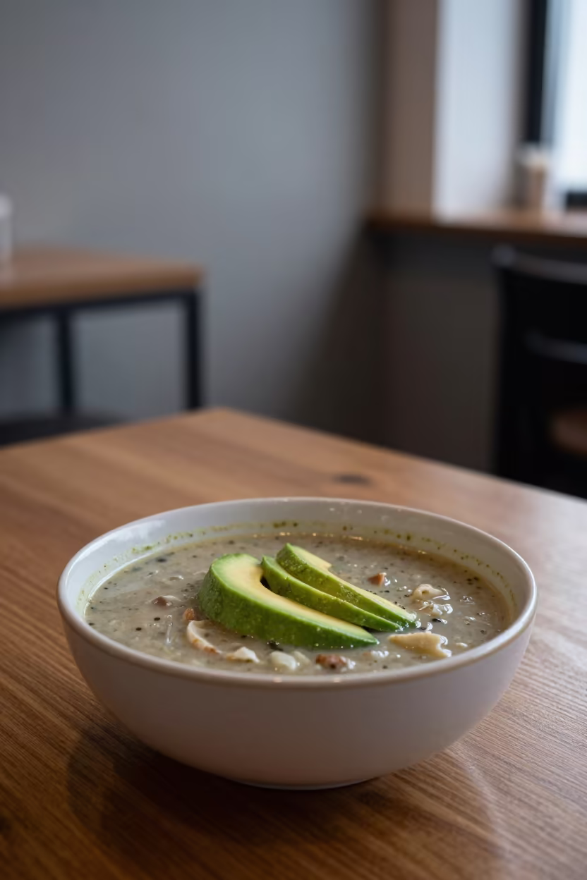 Tortilla Soup Bowl with Avocado in Novosibirsk in on a restaurant table in Novosibirsk