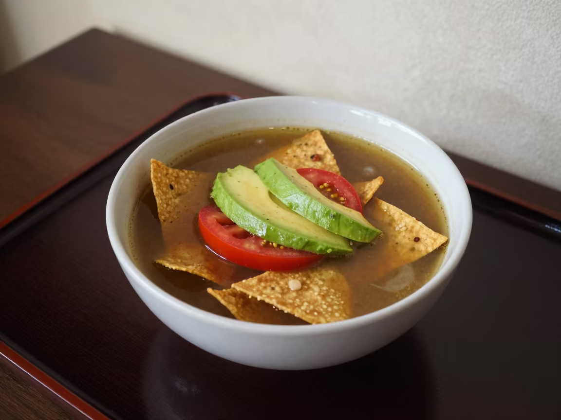 Tortilla Soup Bowl Avocado Okayama Dawn in on a lacquered tray in Okayama