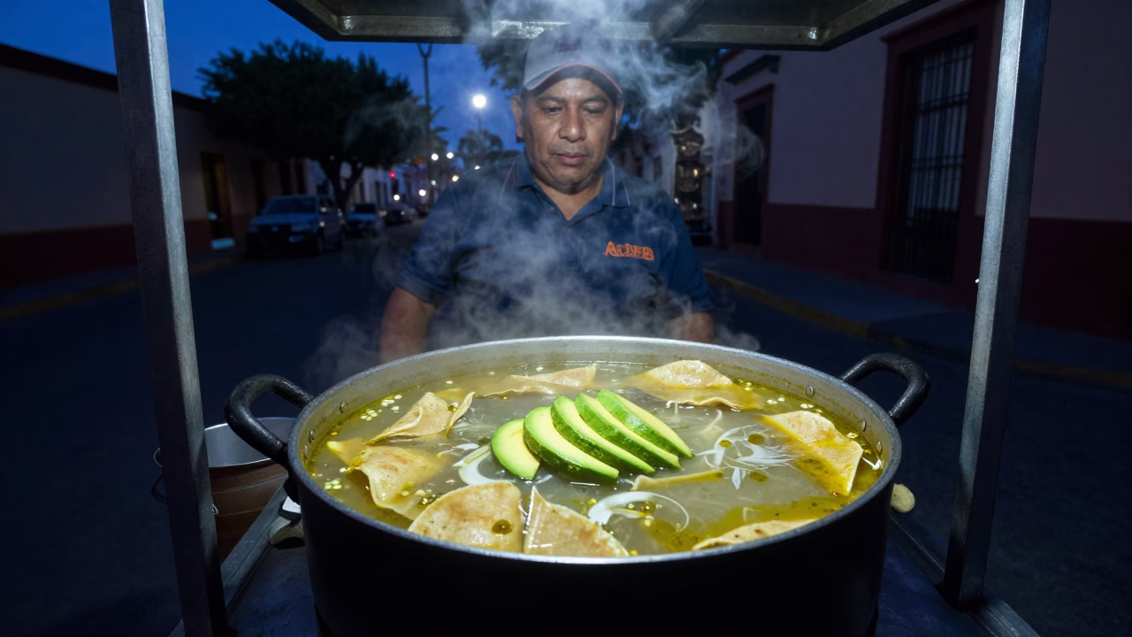 Tortilla Soup in Guadalajara at The Predawn Darkness Light in in Guadalajara, Mexico